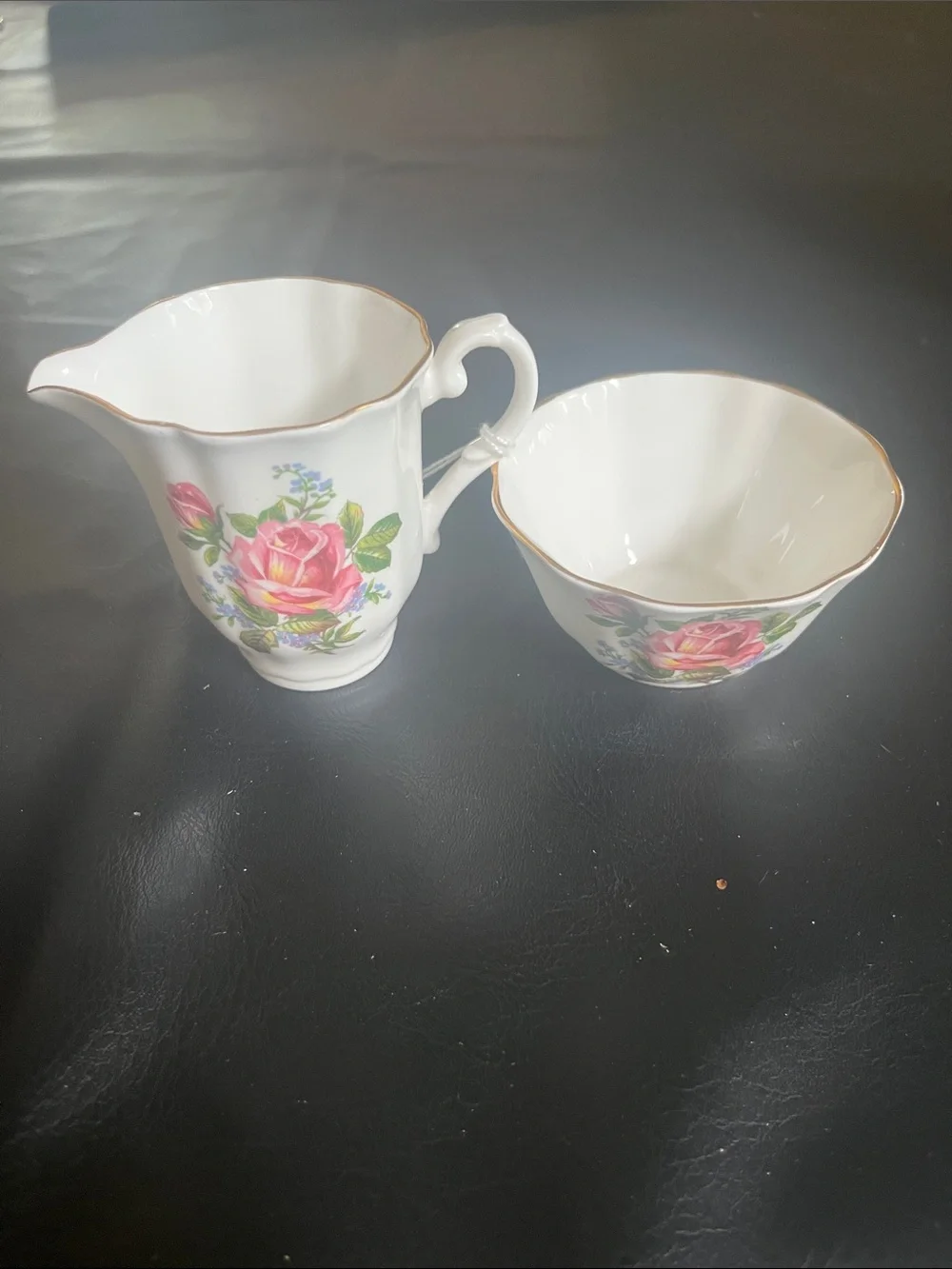 Royal Grafton White Porcelain Creamer and Sugar Bowl Set with Pink Rose Motif